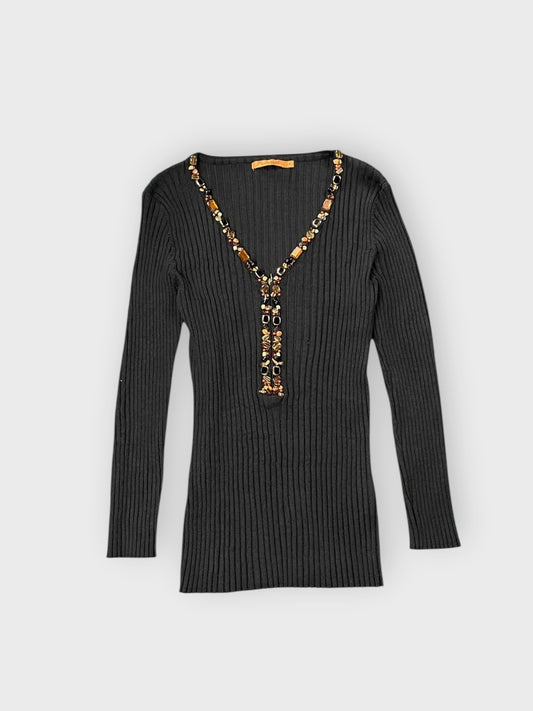 front view, Belldini Black Ribbed Top with Jewel Embellished Deep V-Neck, vintage Y2K second hand piece