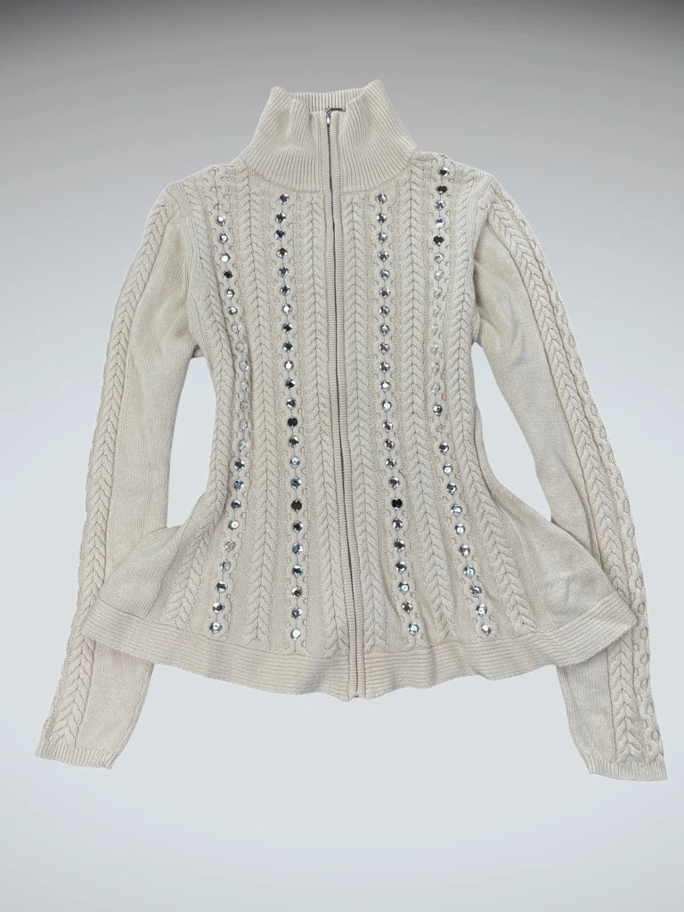 detail view, Boston Proper Beige Cable Knit Sweater with Rhinestone Embellishments, vintage Y2K second hand piece