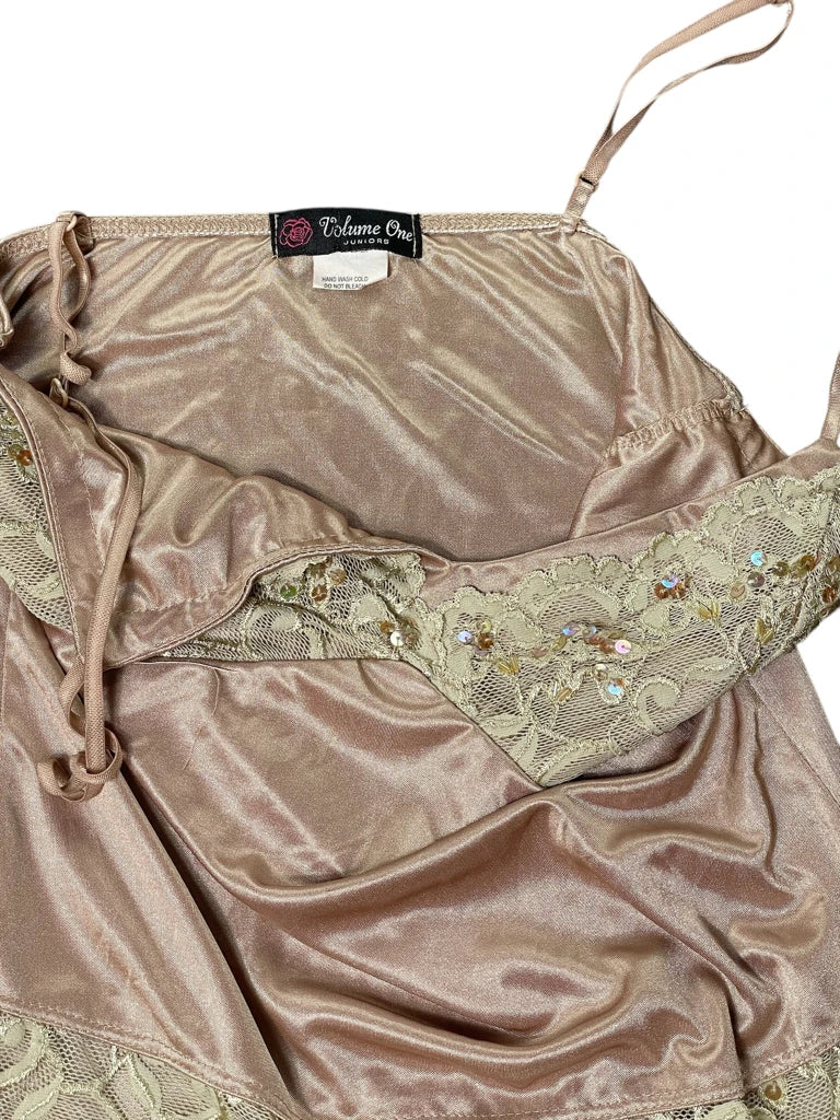 back view, Volume One Beige Satin Lace Slip Top, vintage Y2K second hand piece