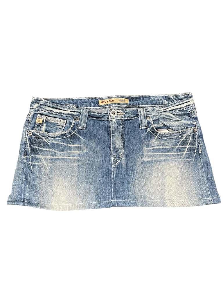 back view, Big Star Light Blue Faded Denim Mini Skirt with Embroidered Back Pockets, vintage Y2K second hand piece