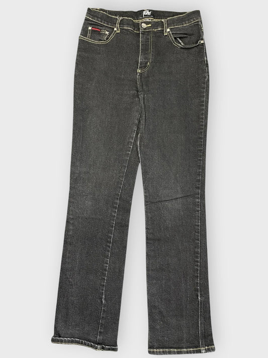front view, Fubu Black Straight-Leg Jeans with Minimalist Detailing, vintage Y2K second hand piece