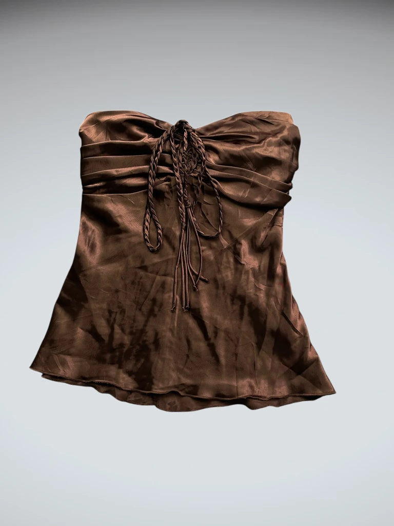detail view, Brown Satin Halter Bustier Top, vintage Y2K second hand piece