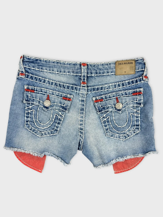 Back view of denim shorts in blue with red stitching detail.
