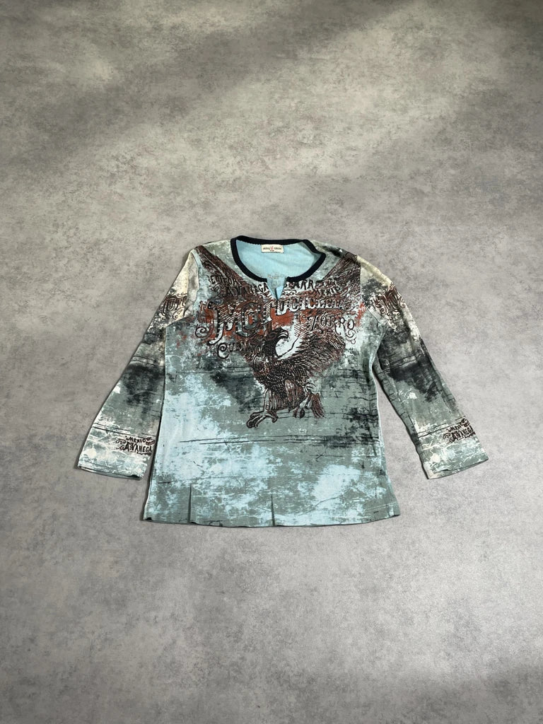 detail view, Skinny Minnie long sleeve top with eagle, vintage Y2K second hand piece, image 6