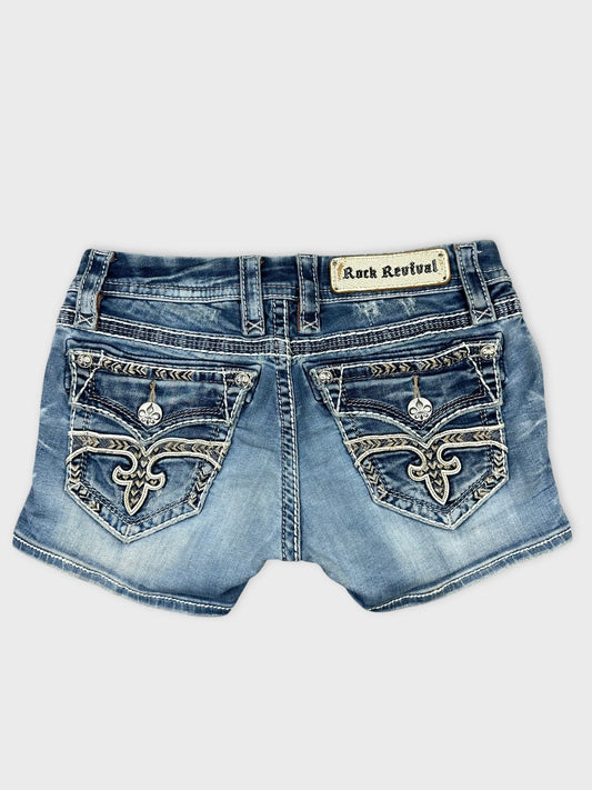 Back view of distressed denim skirt in blue with zip detail.