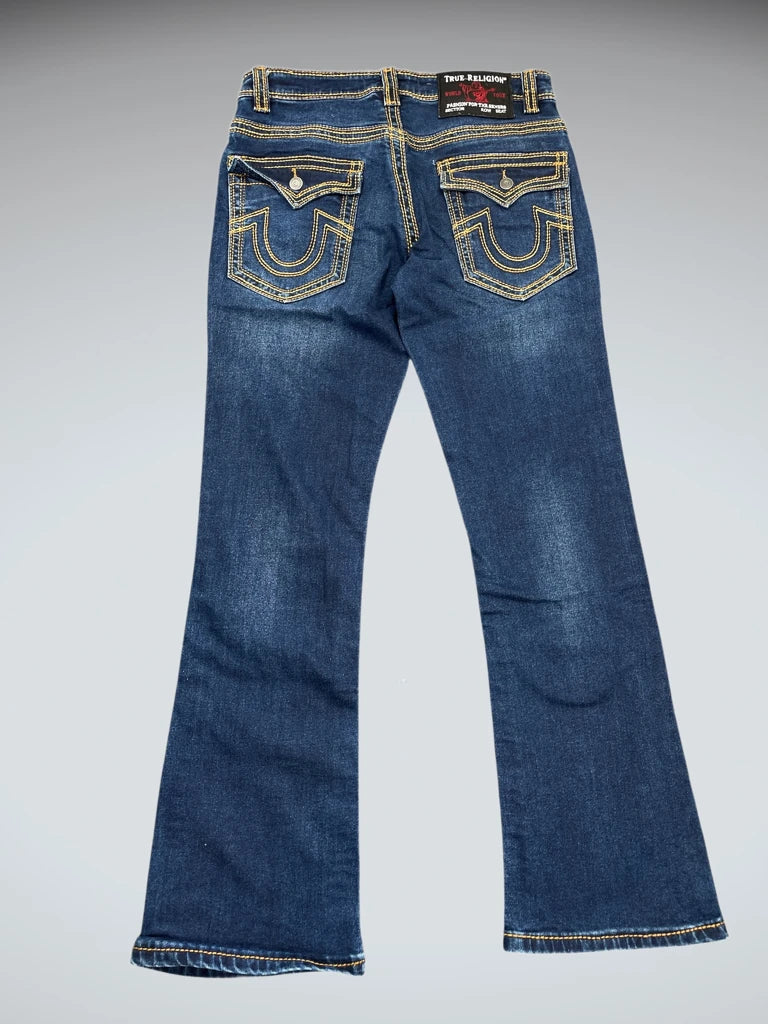 front view, True Religion Dark Blue Bootcut Jeans with Signature Stitching, vintage Y2K second hand piece
