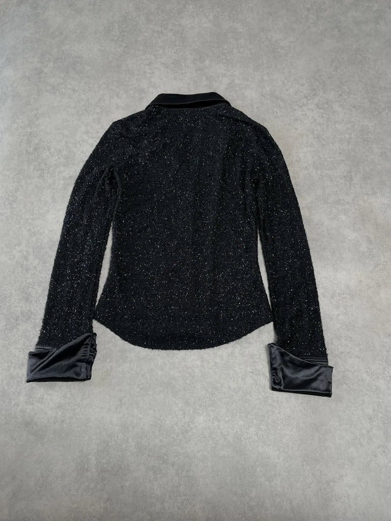 detail view, Moda International Black Glitter Shirt, vintage Y2K second hand piece, image 5