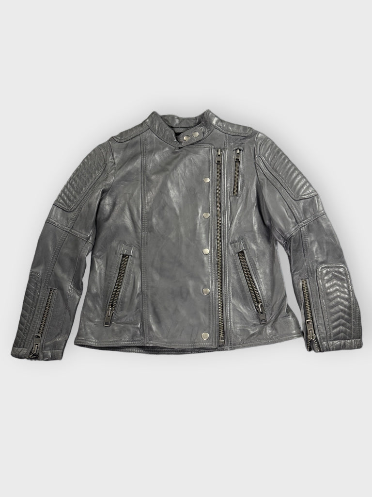 front view, WhetBlu Grey Genuine Leather Racing Jacket Women, vintage Y2K second hand piece
