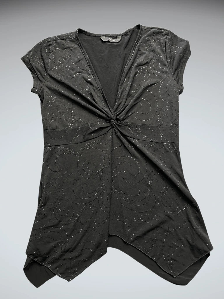 detail view, Maridosa Black Sparkle Asymmetrical Hem Dress Top, vintage Y2K second hand piece