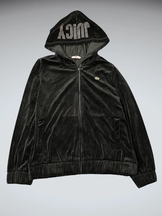 front view, Juicy Couture Black Velour Crown Zip Hoodie, vintage Y2K second hand piece