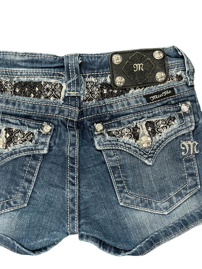 detail view, Miss Me Distressed Embellished Denim Hotpants, vintage Y2K second hand piece, image 4