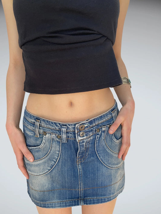 back view, Flirty Denim Mini Skirt Low Rise Round Pockets Jfour Denim, vintage Y2K second hand piece