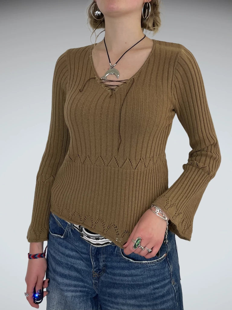 front view, Knit Zone Brown Sweater, vintage Y2K second hand piece
