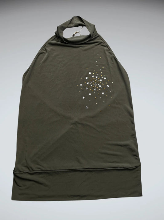 front view, Green Backless Halter Top with Shiny Details, vintage Y2K second hand piece