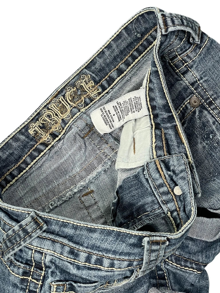 detail view, Truce Vintage Blue Denim Hotpants, vintage Y2K second hand piece