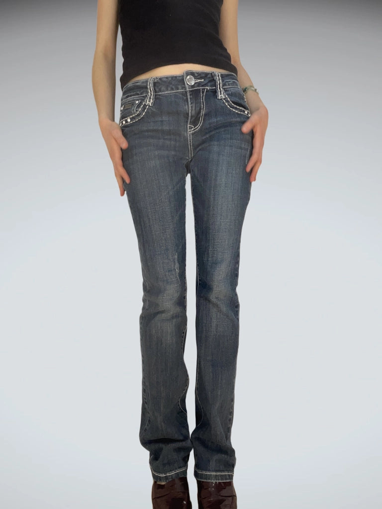 front view, LA Idol USA LA Idol Rhinestone Bootcut Denim Vintage Blue, vintage Y2K second hand piece