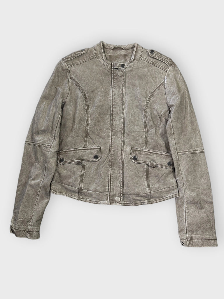 detail view, Earthtone Grey Faux Leather Racing Jacket Women, vintage Y2K second hand piece
