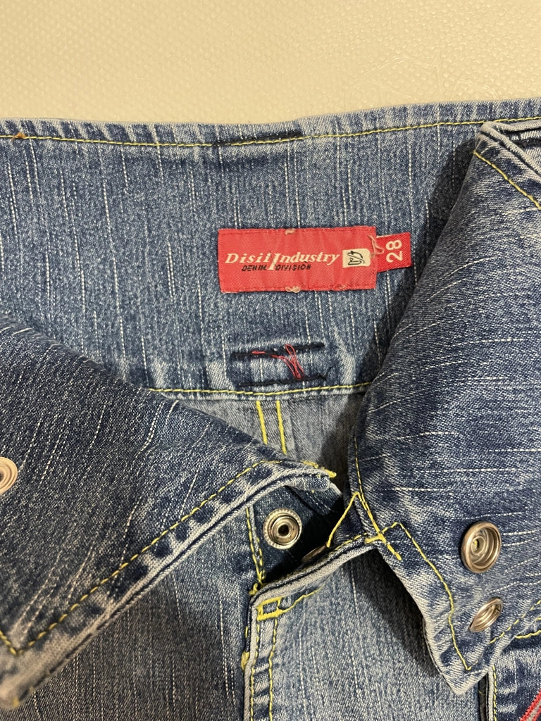 detail view, Disil Industry Distressed Denim Mini Skirt Low Rise Red Stitch Y2K, vintage Y2K second hand piece