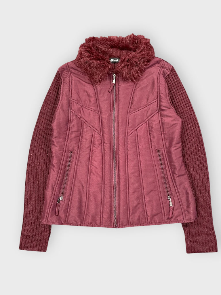 front view, Effei Effeel Burgundy Faux Fur Collar Sweater Jacket, vintage Y2K second hand piece