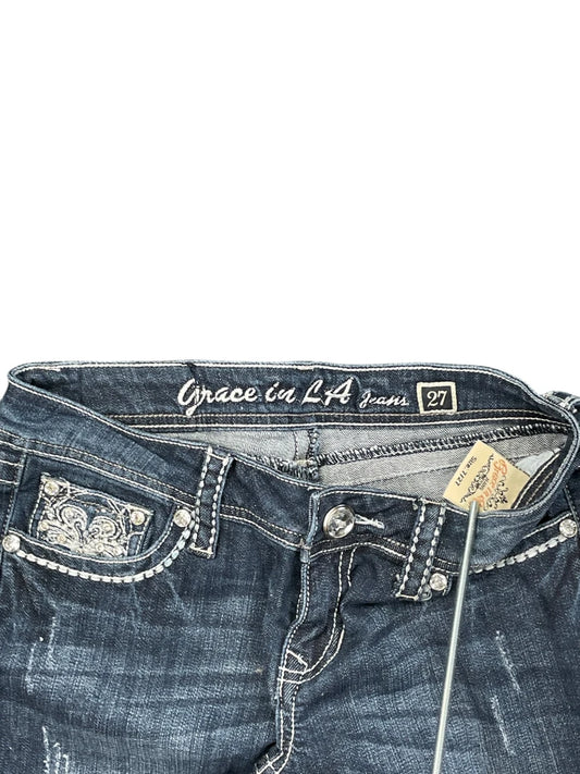 back view, Grace Dark Blue Embellished Pocket Bootcut Jeans, vintage Y2K second hand piece