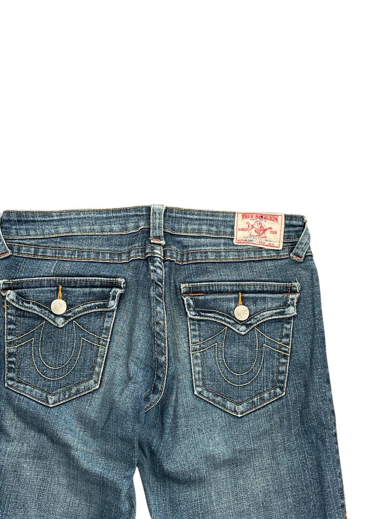 detail view, True Religion Medium Wash Flare Jeans with Contrast Stitching, vintage Y2K second hand piece, image 4
