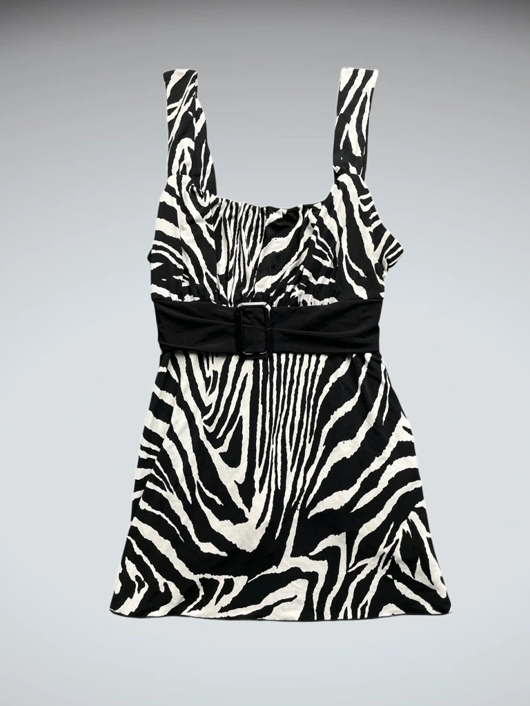 detail view, Zebra Print Belted Tunic Top, vintage Y2K second hand piece