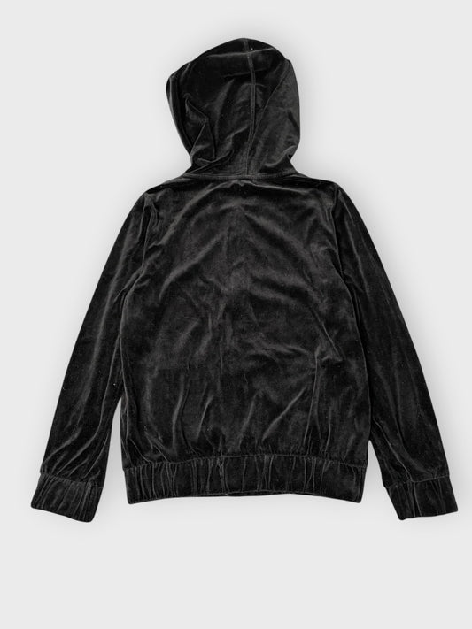 back view, Black Juicy Couture Velour Hoodie with Crown Embroidery, vintage Y2K second hand piece