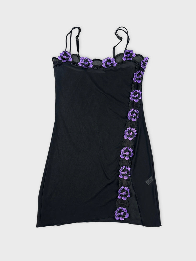 Edgy Black Mesh Top with Floral Detail (M)