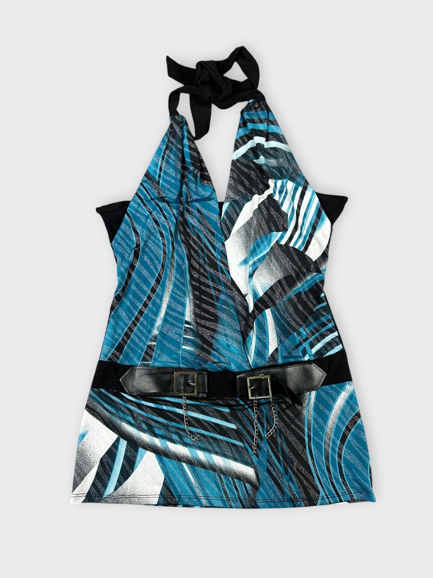 Edgy blue halter top with graphic print and leather belt front view