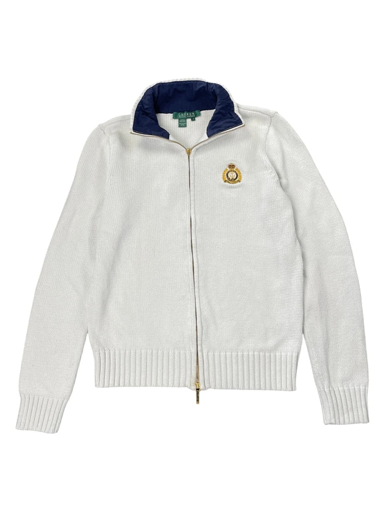detail view, White Polo Ralph Lauren Full-Zip Sweater with Crest Embroidery, vintage Y2K second hand piece, image 6