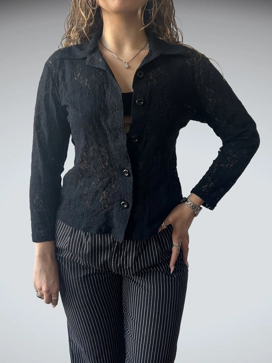 Y2K Sheer Lace Button-Up Blouse in Ivory Black(M)