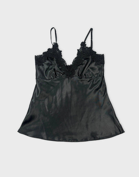 Elegant black silk camisole with lace detail front view