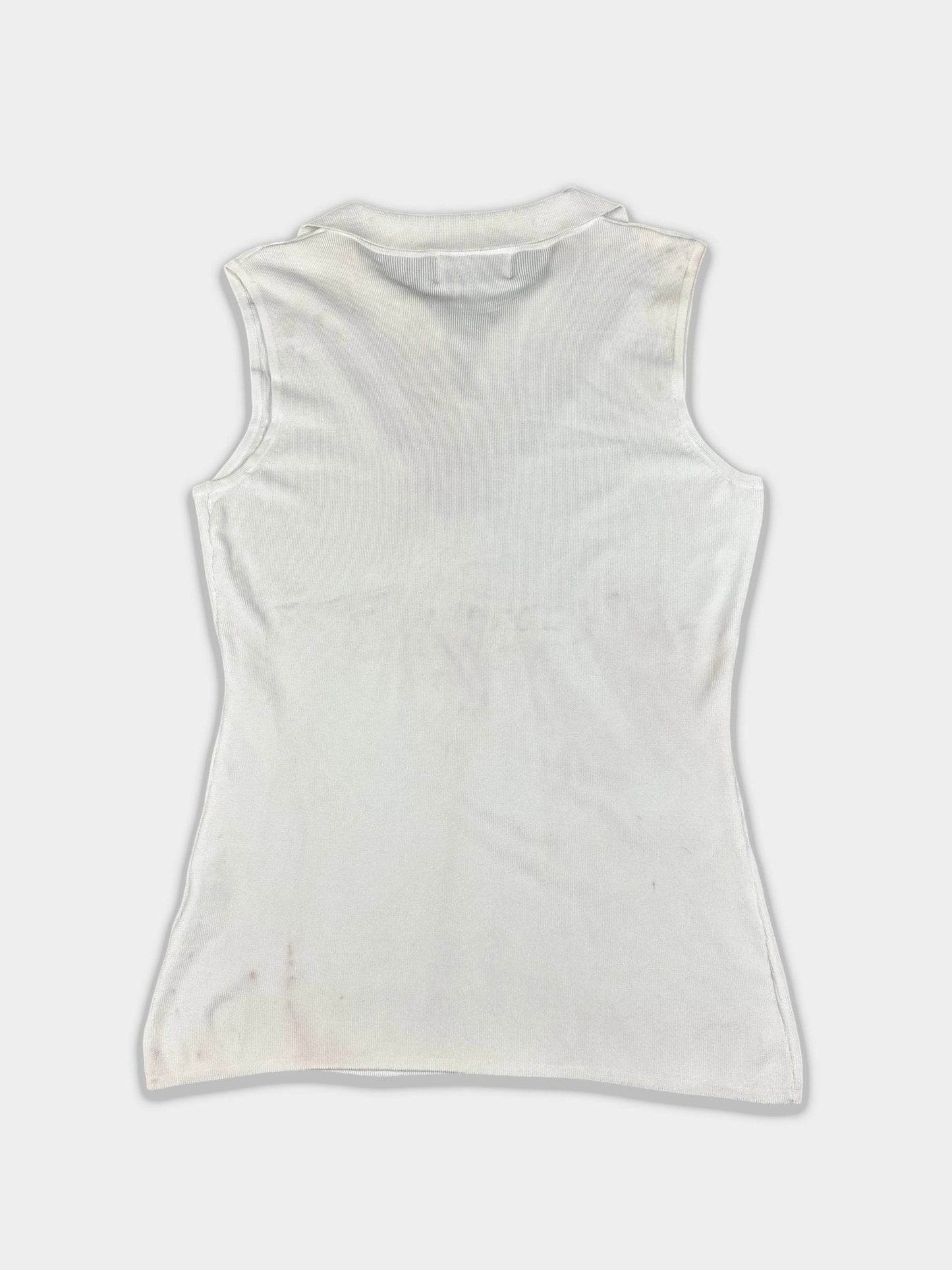 Back view of a sleeveless top in white with ribbed texture.