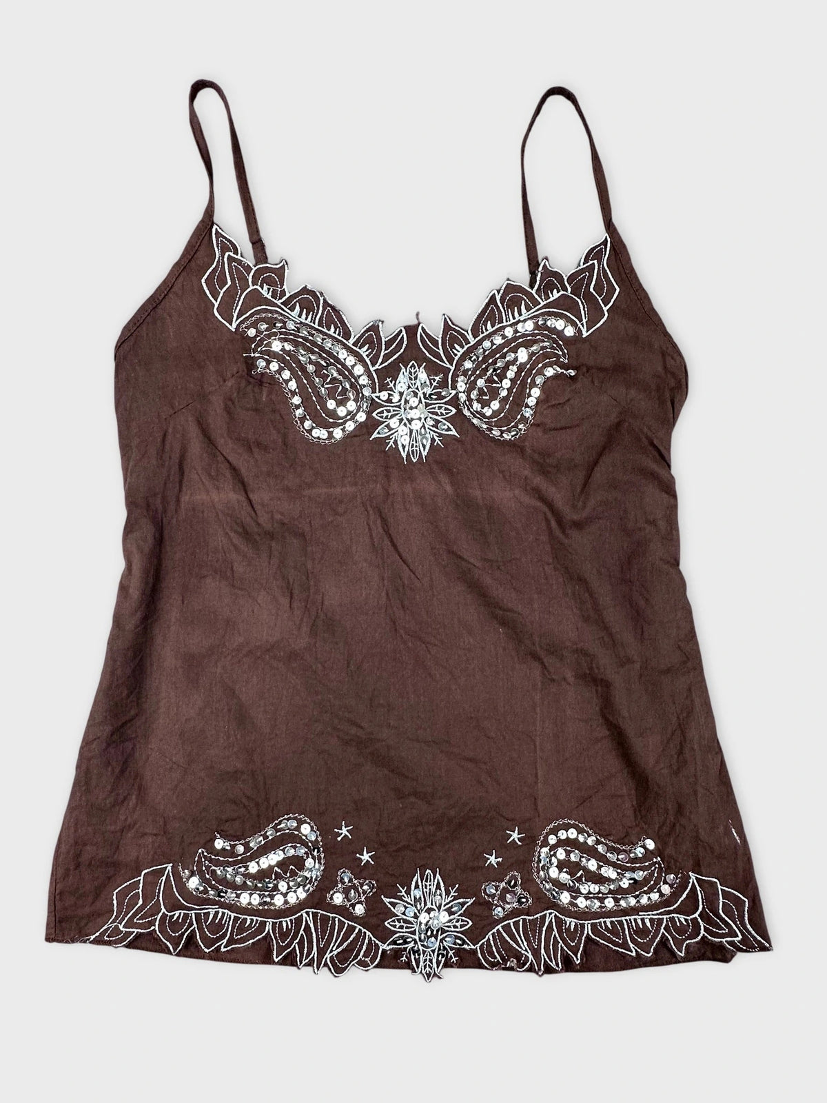 Embroidered brown cami top with detailed patterns front view