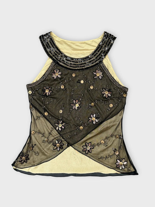 Black embroidered sheer top with beaded details front view