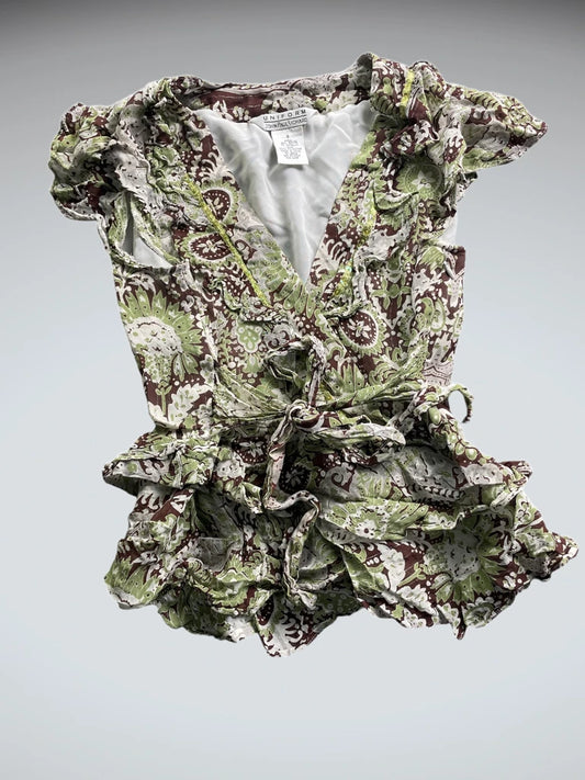 front view, Uniform Green Paisley Wrap Blouse, vintage Y2K second hand piece