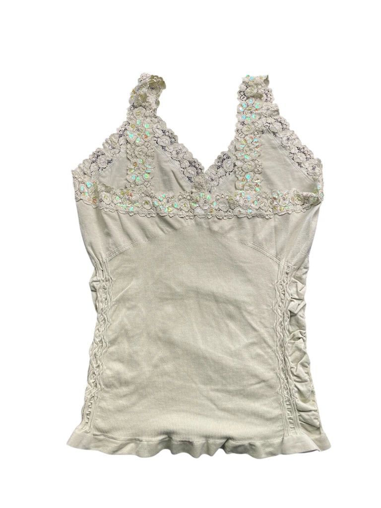 detail view, Light Green Ruched Floral Sequin Strap Top, vintage Y2K second hand piece, image 4
