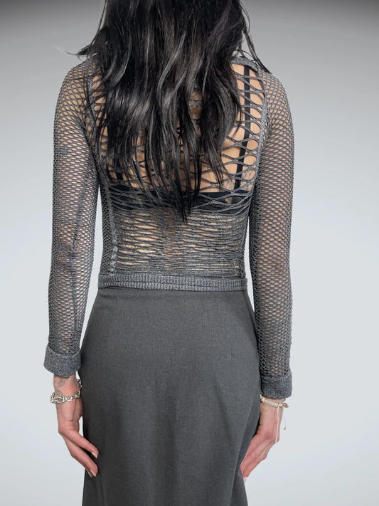 back view, ripped grey long sleeve top, vintage Y2K second hand piece