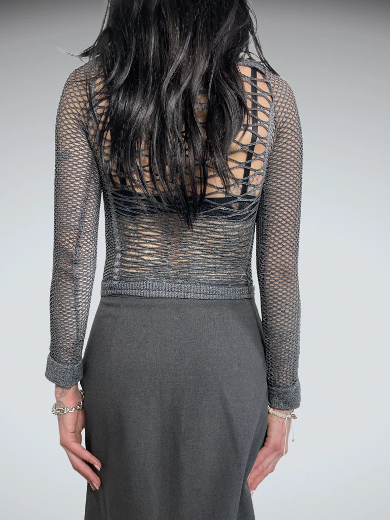 back view, ripped grey long sleeve top, vintage Y2K second hand piece
