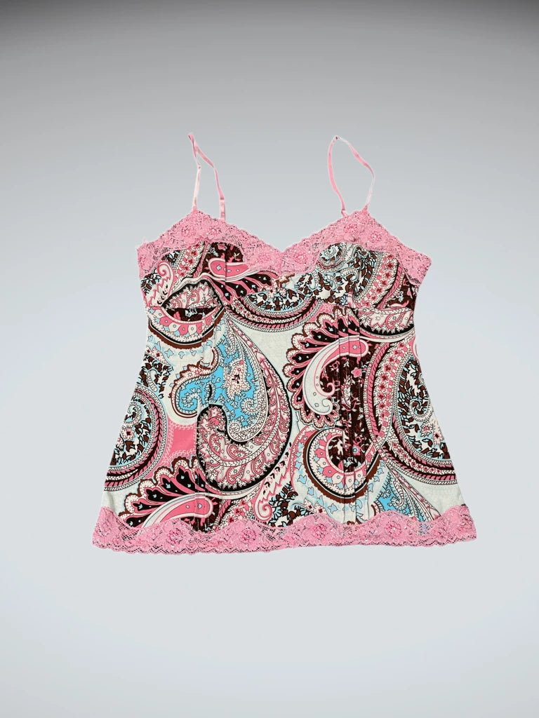 detail view, No boundaries Pink Paisley Lace Trim Top, vintage Y2K second hand piece
