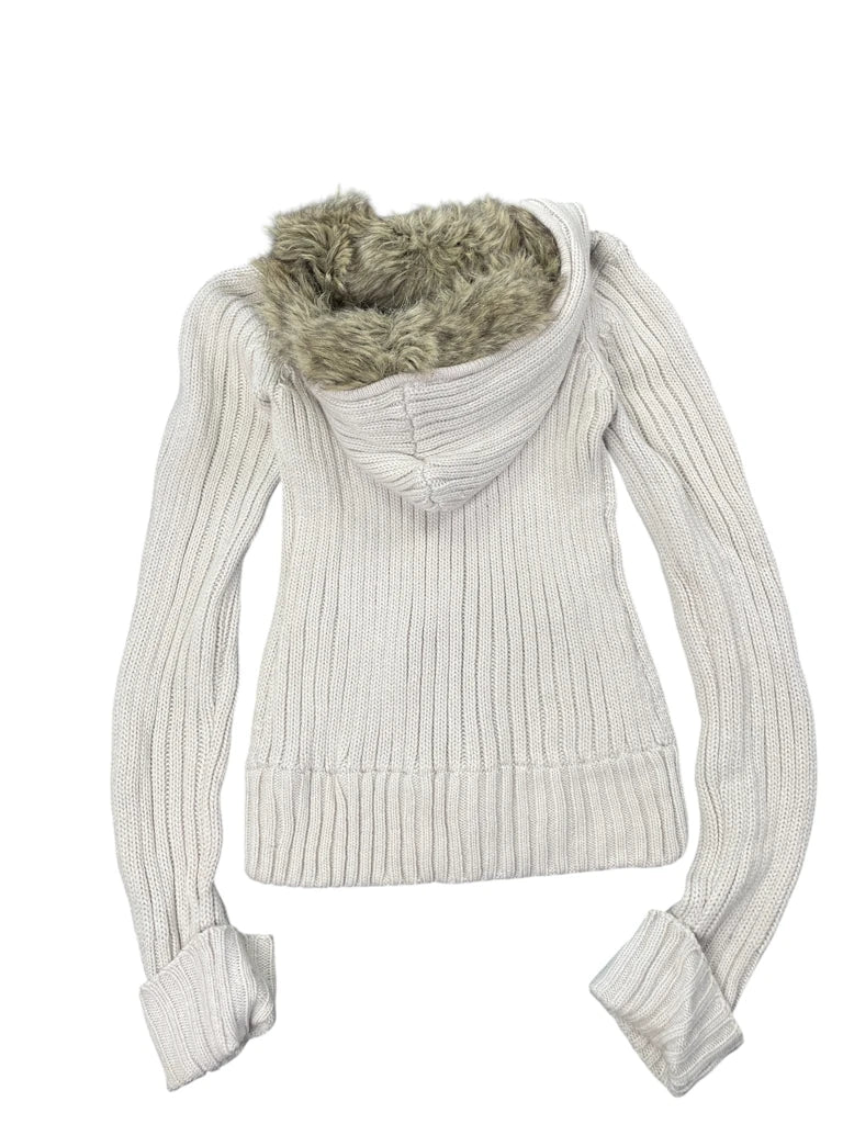 Beige Fur-Lined Hooded Cable Knit Zip Sweater (M)