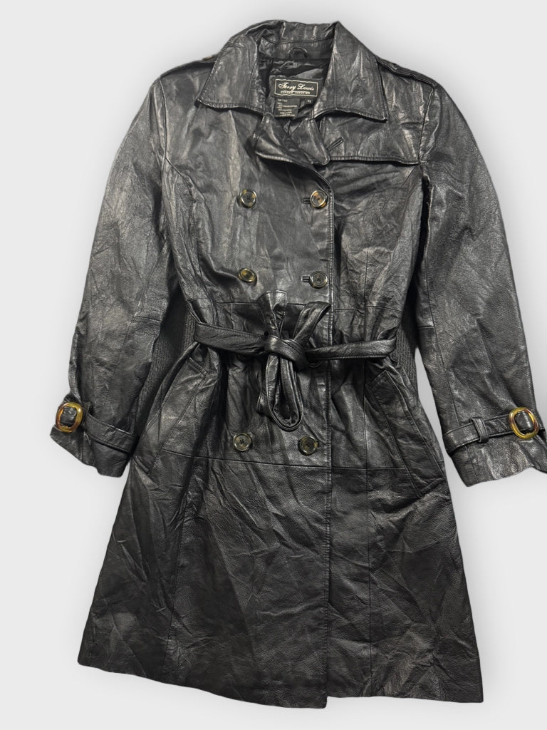 front view, Terry Lewis Black Long Leather Coat, vintage Y2K second hand piece