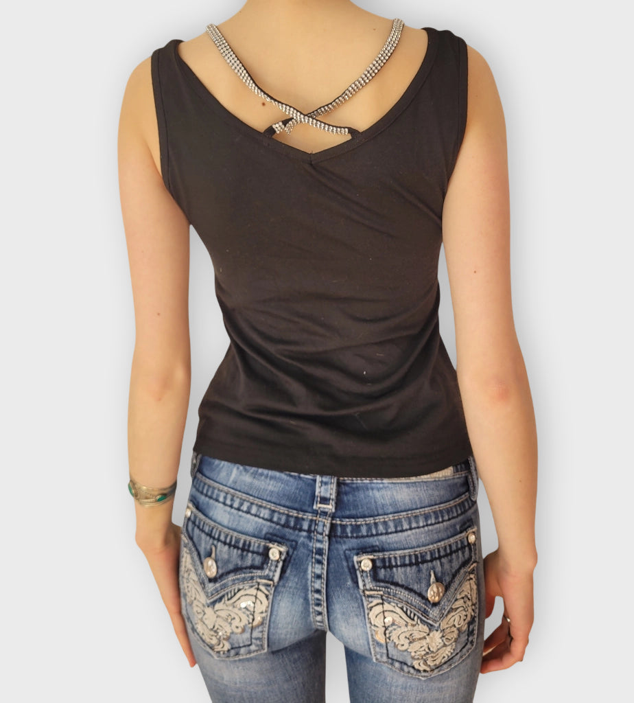 back view, CRYX Black Rhinestone Trim Tank Top, vintage Y2K second hand piece