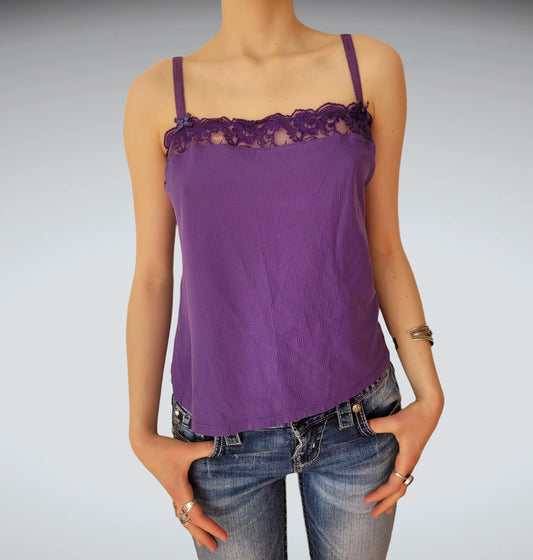 front view, Dolce & Gabbana Purple Velvet Corduroy Lace Trim Camisole Top D&G Y2K, vintage Y2K second hand piece