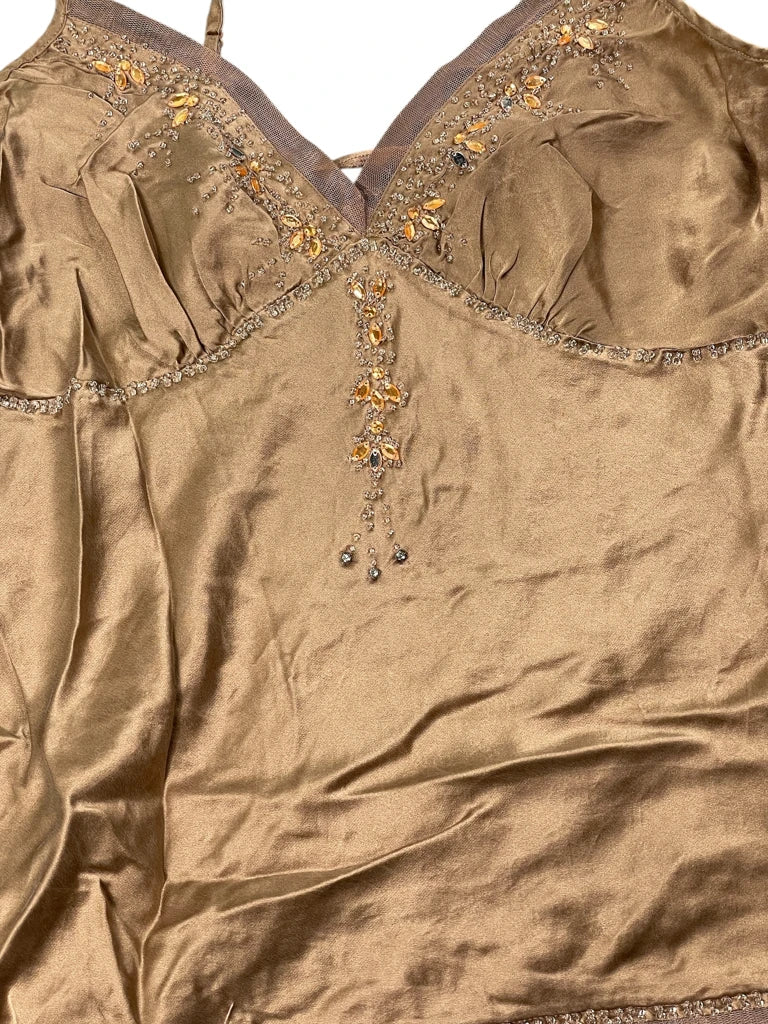 detail view, Luxe Golden Silk Crystal Trim Camisole, vintage Y2K second hand piece, image 4