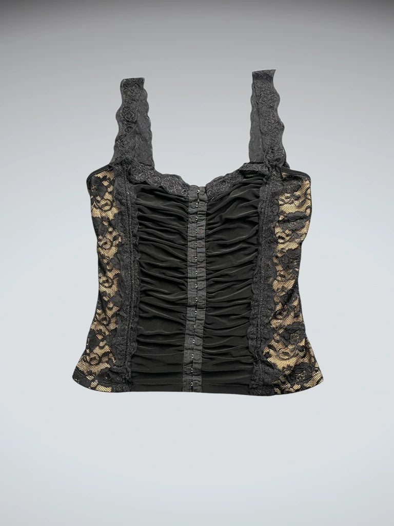 front view, eIggi Black and Gold Lace Lingerie Top, vintage Y2K second hand piece
