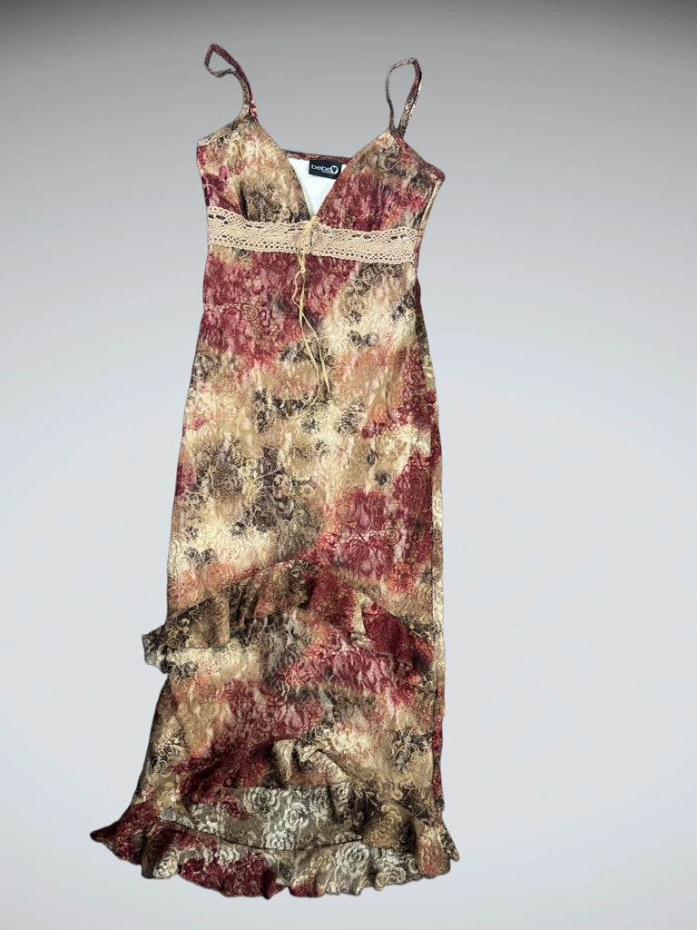 front view, Bebe Romantic Floral Lace Maxi Dress, vintage Y2K second hand piece