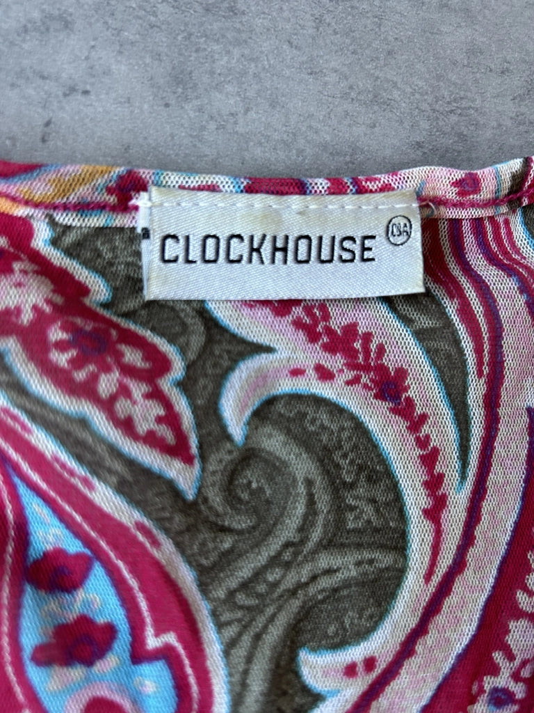 detail view, Clockhouse Y2K Pink Mesh Top, vintage Y2K second hand piece
