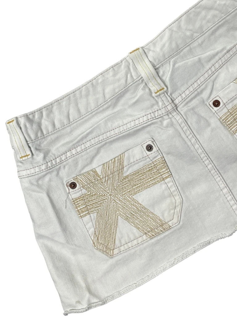 detail view, X2 White Beige Denim Mini Skirt with Back Embroidery, vintage Y2K second hand piece, image 4