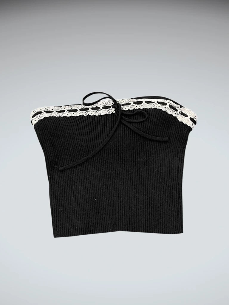 front view, Edikted Black Ribbed Tube Top Lace Trim, vintage Y2K second hand piece
